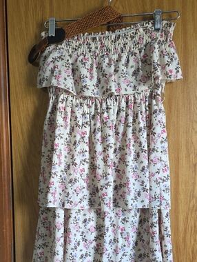 Maurices Cream Floral Off-Shoulder Tiered Dress with Pink and Brown Blossoms